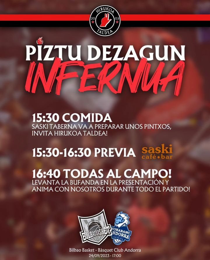 ¡NO HAGÁIS PLANES EL DOMINGO! ❌

A partir de las 15:30 estaremos por los alrededores de Miribilla calentando el duelo contra Andorra ⚒️

¡Tendremos comida, bebida y muchas ganas de hacer ruido! 📣

#PiztuDezagunInfernua 🔥