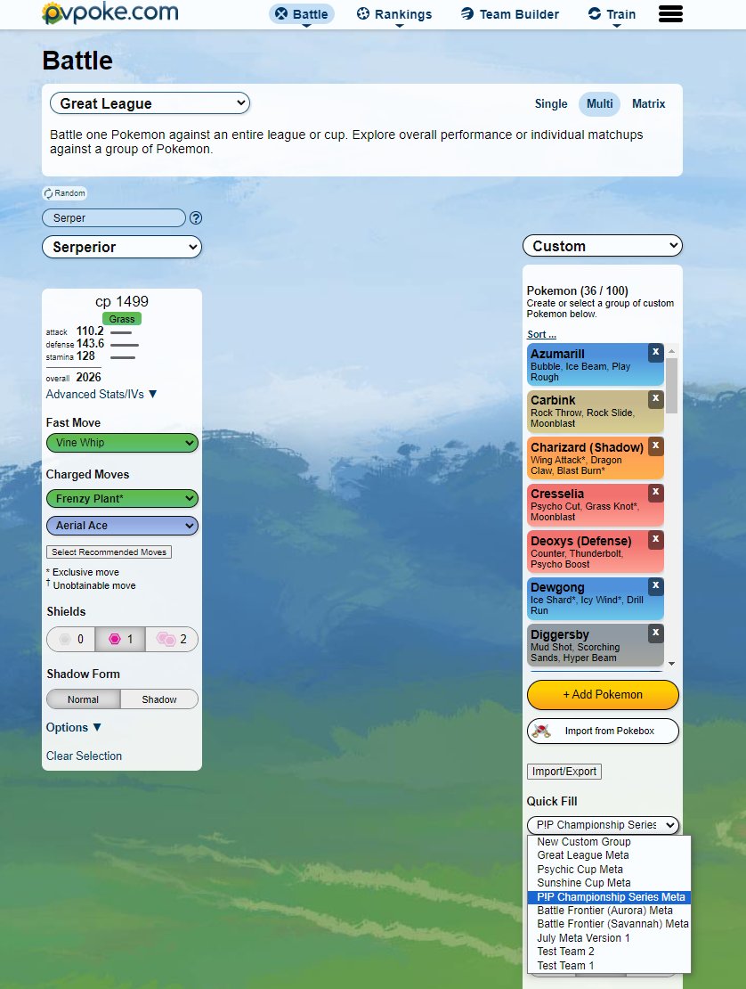 By request, I've added a meta group listing for the <a href="/playpokemon/">Play! Pokémon</a> Championship Series in custom Multi-Battle. This list is more pared down than the Great League one and includes Pokemon with top usage or notable top cut appearances. I'll be updating it throughout the season!