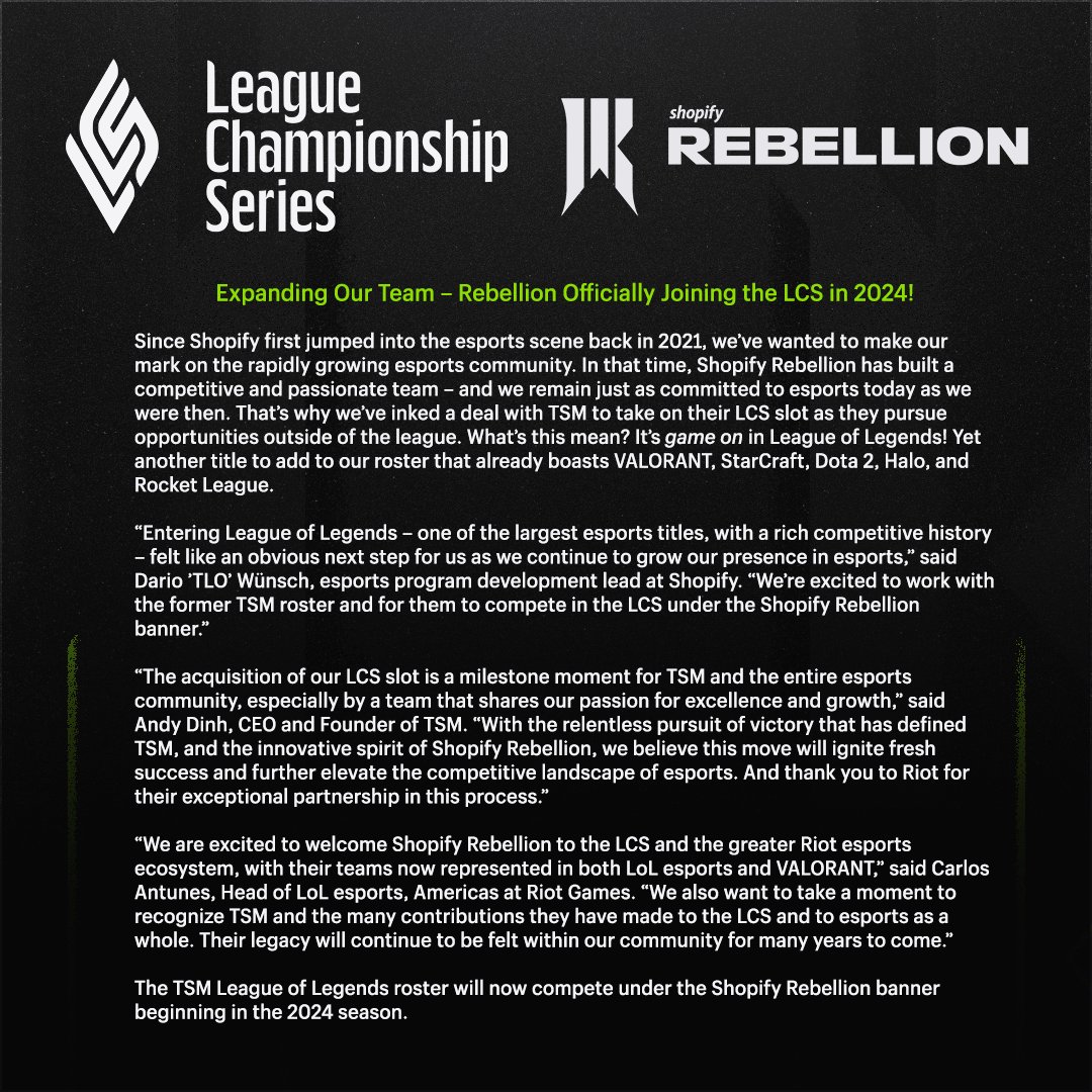 [外絮] Shopify Rebellion 買下 TSM 的 LCS 席次