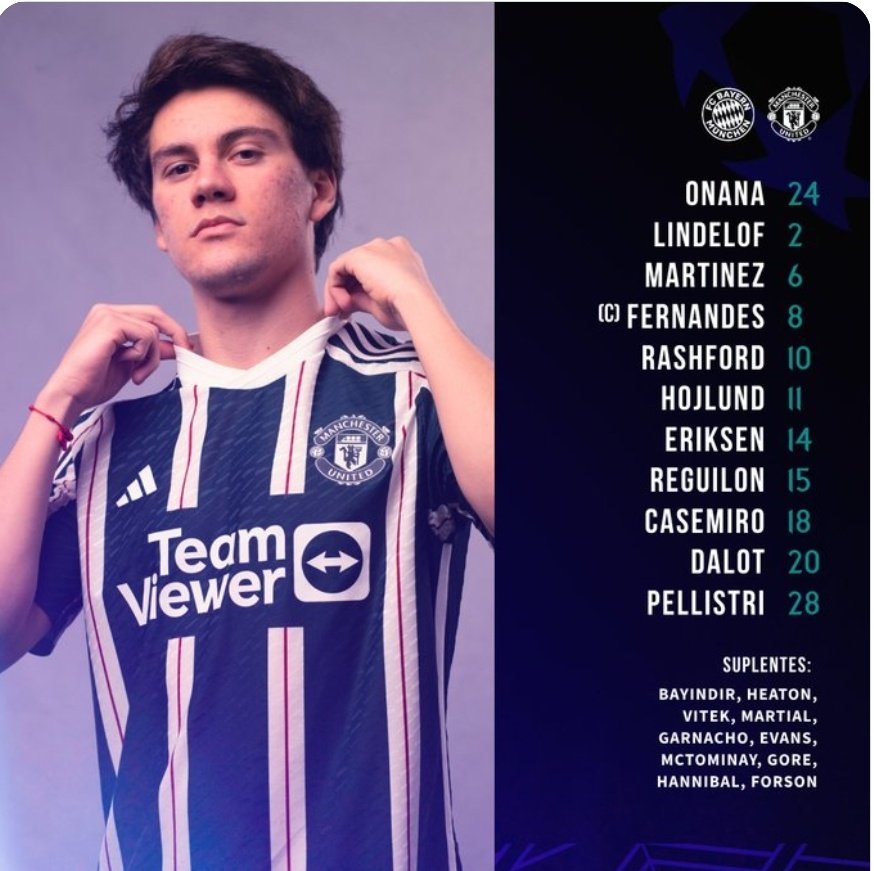 RedDevilsNicas's tweet photo. Este es el XI que manda nuestro DT para enfrentar al Bayern Múnich.

Pellistri arranca de titular 🇺🇾.

Vamos! a conseguir un buen resultado en Alemania y comenzar con el pie derecho la fase de grupos. https://t.co/cpu9Oy4p2x