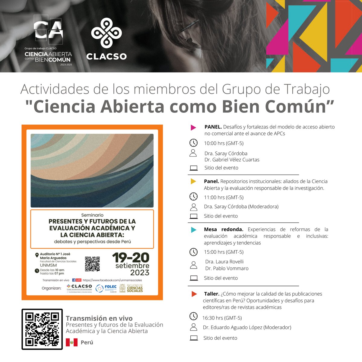 _CienciAbierta's tweet photo. No te pierdas los talleres, paneles y mesas redondas en "Presentes y futuros de la Evaluación Académica y la #CienciaAbierta" organizado por @UNMSM_ @_CLACSO - #FOLEC donde participan los integrantes del Grupo de Trabajo "#CienciaAbierta como #BienComún"
👉https://t.co/niT9FkAi1V https://t.co/83kzVnR4gz