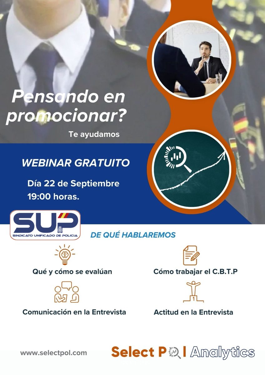 Sup_Policia's tweet photo. Con @selectpol  tienes la mejor opción para promocionar
Accede a la #Webinar gratuita el 22-09 a las 19h
Infórmate y asegura tu #Ascenso
#SupLiderEnFormación siempre a tu lado
Inscríbete aquí⤵️
https://t.co/fz87Ok9MMH
O por teléfono⤵️
935249630 e introduce este PIN: 441196332# https://t.co/XBqQMecYRT