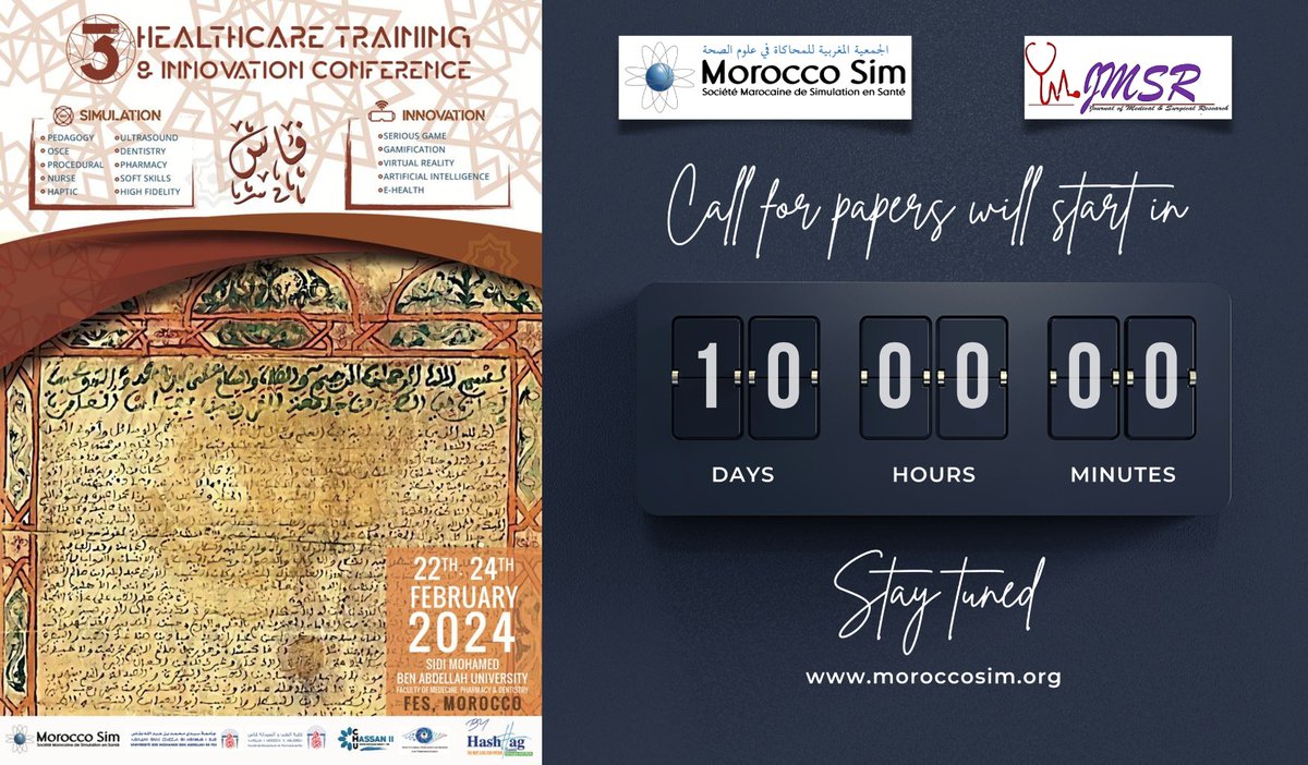 Moroccosimu's tweet photo. Congrès HTIC 2024 Fès
Healthcare training &amp; Innovation Conference
Préparez-vous à faire partie de l’avenir de la simulation en santé et de l’innovation pédagogique ! Notre appel pour communications au congrès HTIC 2024 est imminent. https://t.co/skfJpRaTbl
