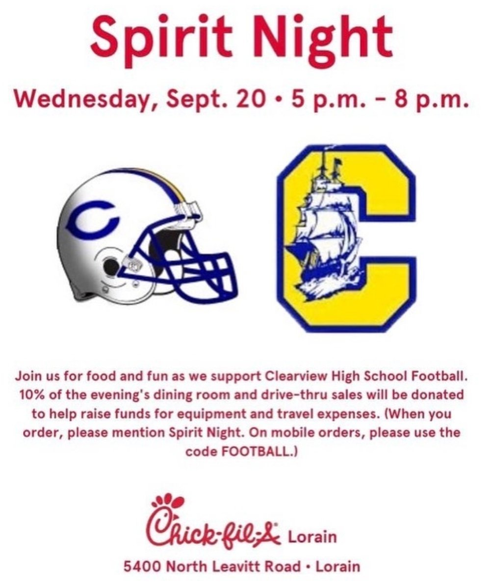 Dinner at Chick-fil-A. Please come out and support Clearview Football!