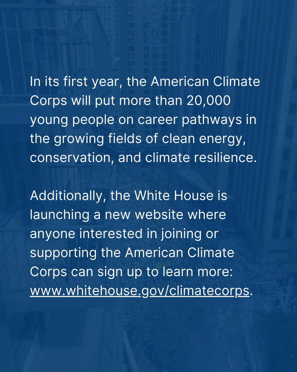 🌱🇺🇸 Breaking News: The #AmericanClimateCorps is here! 🌍💡 This visionary initiative, announced by the #WhiteHouse, is set to empower over 20,000 Americans in the fields of #cleanenergy and #climate resilience. Together, we're shaping a greener, more resilient future for our…