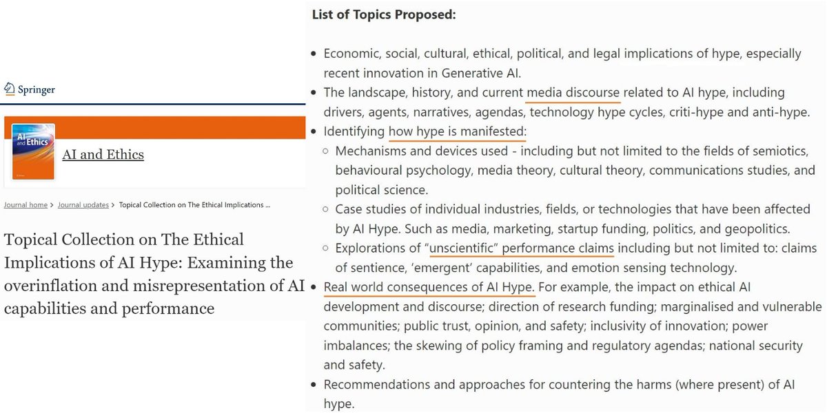 🚨Call for Papers📣
Economic, social, cultural, ethical, political & legal implications of #AIhype

How do myths, misrepresentation & overinflation associated with AI capabilities & performance - influence policy agendas, business decisions & individuals?

shorturl.at/lwKLR