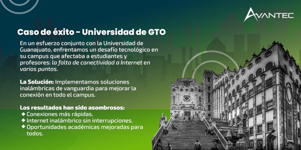 avantec_la's tweet photo. A lo largo de nuestra trayectoria en Avantec, hemos tenido el privilegio de contribuir a historias significativas que perduran en el tiempo. Un ejemplo memorable es nuestro trabajo con la @UdeGuanajuato , donde implementamos soluciones inalámbricas eficaces y efectivas. https://t.co/l0yIYnSvUj
