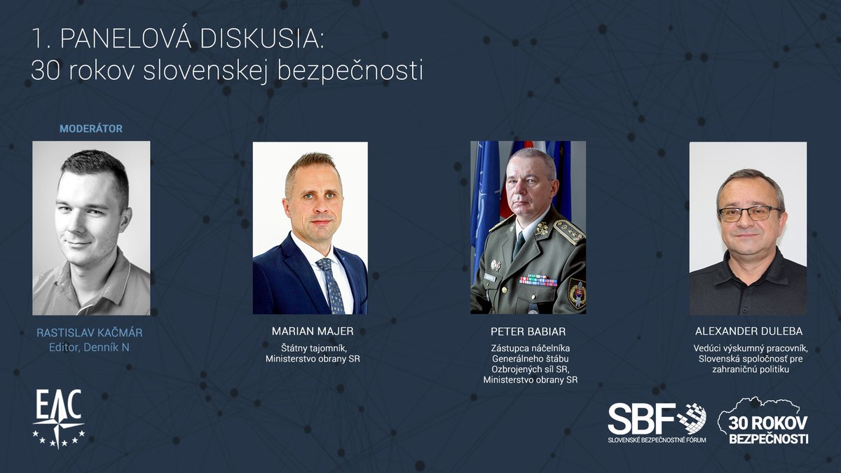 The 1st panel discussion of #SBF2023 will be dedicated to 30 years of Slovak Security🇸🇰 and feature panellists ➡️ <a href="/MajerMarian/">Marian Majer</a> from <a href="/mosr_official/">Ministerstvo obrany SR 🇸🇰</a>, Peter Babiar from Slovak Armed Forces &amp; Alexander Duleba from <a href="/SFPA_SK/">SFPA</a>
🗣️ discussion will be moderated by <a href="/rastizlav/">Rastislav Kačmár</a> from <a href="/dennikN/">Denník N</a>