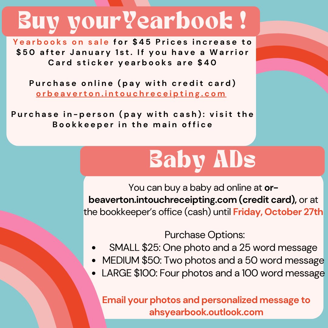 AlohaHSYearbook's tweet photo. Calling all seniors and families of seniors! Want a baby photo and personalized message in the yearbook? Baby ads are available for purchase until October 27th - get 'em while they last 🍼👶 https://t.co/qObMzTx1aG