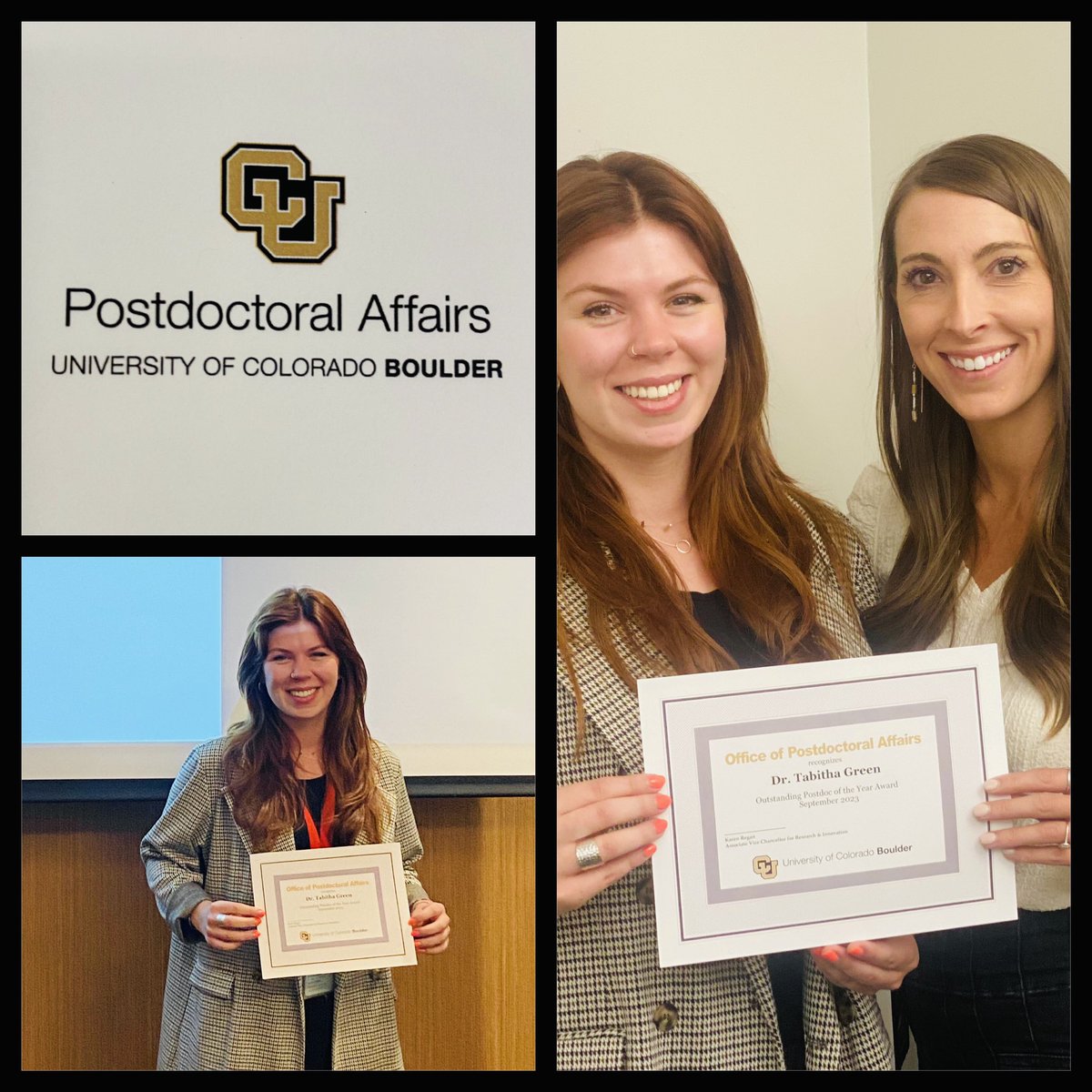 Congrats to <a href="/tabifromengland/">Tabitha Green</a> for being named the CU Boulder Outstanding Postdoc of the Year! <a href="/CUBoulder/">CU Boulder 🦬</a> <a href="/CUBoulderIPHY/">CUBoulderIPHY</a> 

She also received an <a href="/SfNtweets/">Society for Neuroscience (SfN)</a> Professional Development Award today 🏆

Happy post-doc appreciation week to this rising star 💫