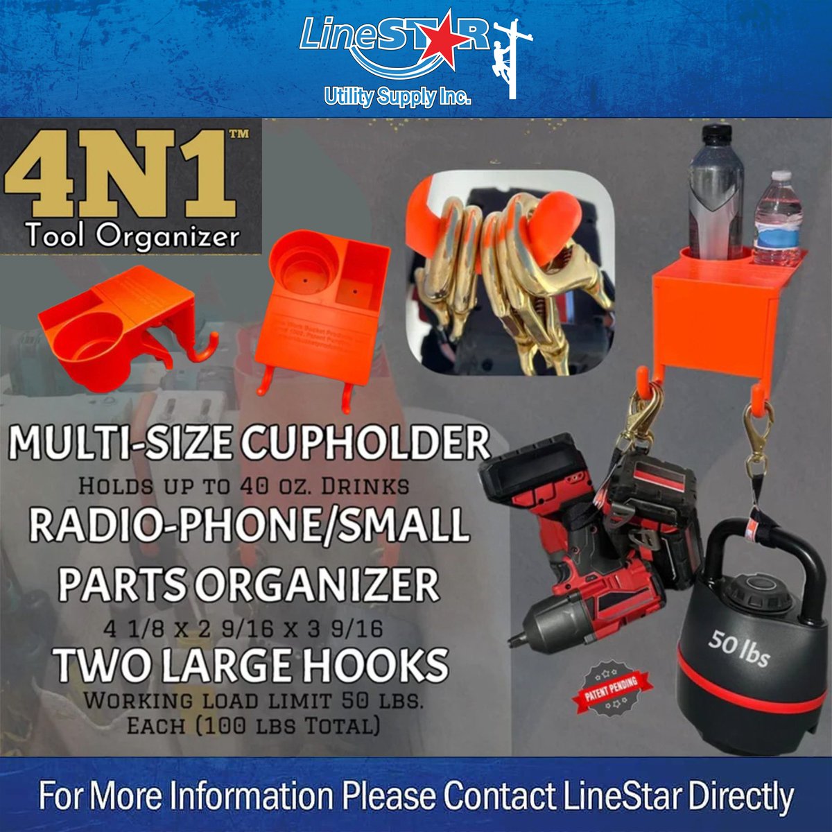 The 4N1 Tool Organizer by LineWork Bucket Products. Helps bucket truck workers stay hydrated, organized, and accessible with a phone/radio compartment. The hooks are extra large for larger tools and hoists. Fits on a bucket like a 3 inch bucket hook. #powerlineman
