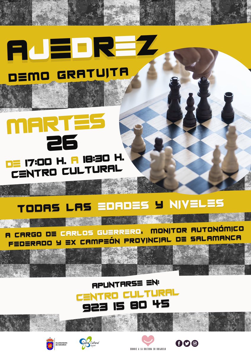 CCult_Guiju's tweet photo. 📢 ATENCIÓN PRÓXIMA DEMO AJEDREZ ♟️   ¡¡¡GRATUITA!!!

📆 martes 26 de septiembre 🕕 17 a 18:30h.📍Centro Cultural Guijuelo.
👨‍👩‍👧‍👧 Todas las edades y niveles.
📝Información e inscripciones  en #CentroCulturalGuijuelo

#DemoGratis  #Ajedrez #CulturaGuiiuelo https://t.co/gD0mpIgAIS