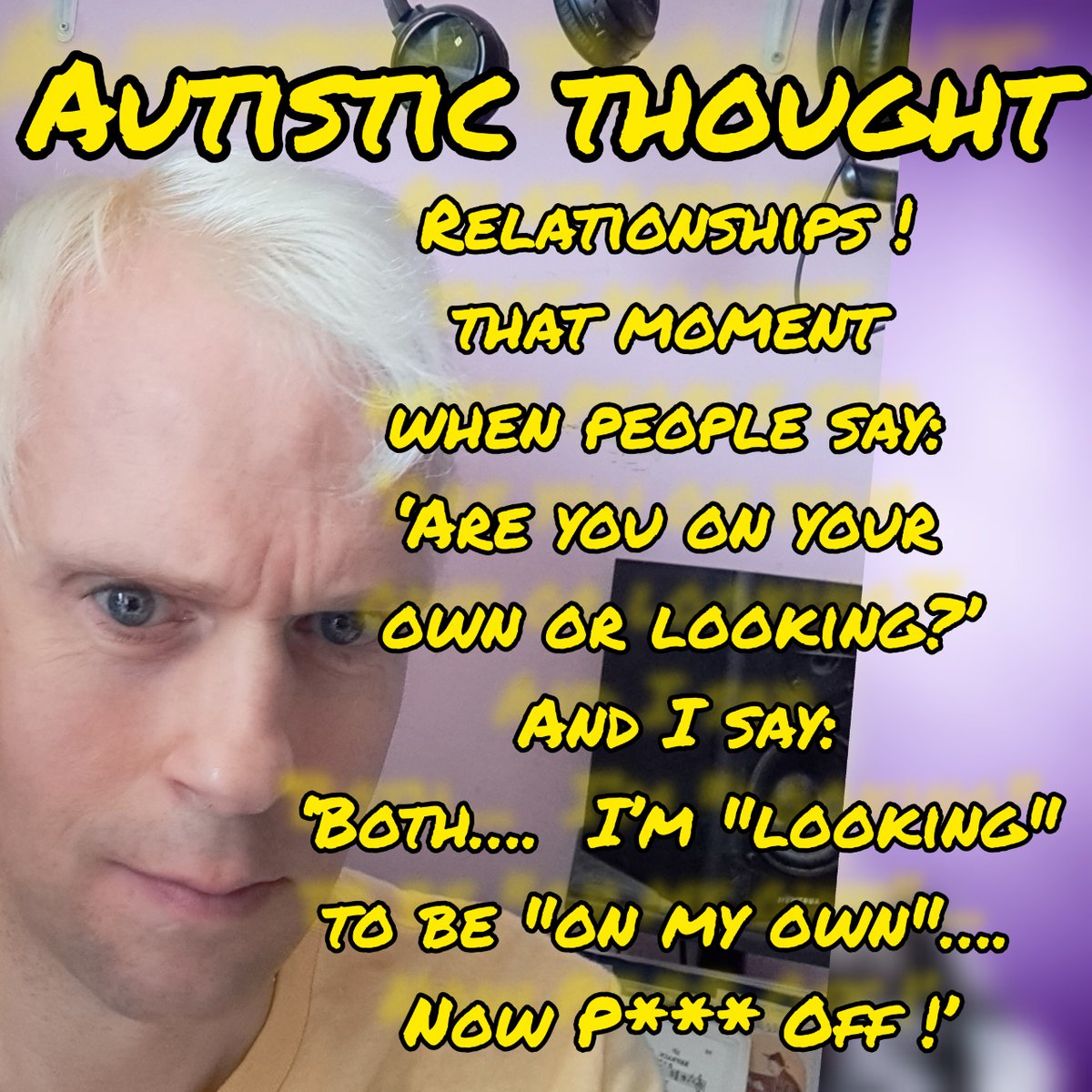 robertwhitejoke's tweet photo. Relationships! That moment when people say: ‘Are you on your own or looking?’ And I say....
#actuallyautistic #autisticcomedian#musicalcomedianbgt #bgt2018 #comedysong #GayComedian #QueerHumor #LaughOutLoud #ComicalTunes #ProudAndFunny https://t.co/n7OE7WNhNk