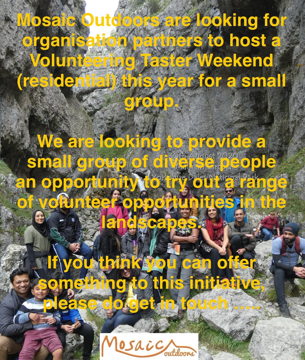 Mosaic are looking for organisation partners to host a Volunteering Taster Weekend (residential) this year. 

We are looking to provide a small group of diverse people an opportunity to try out a range of volunteer opportunities.

If you can support please DM 

🙏🏽

Pls RT
Thanks