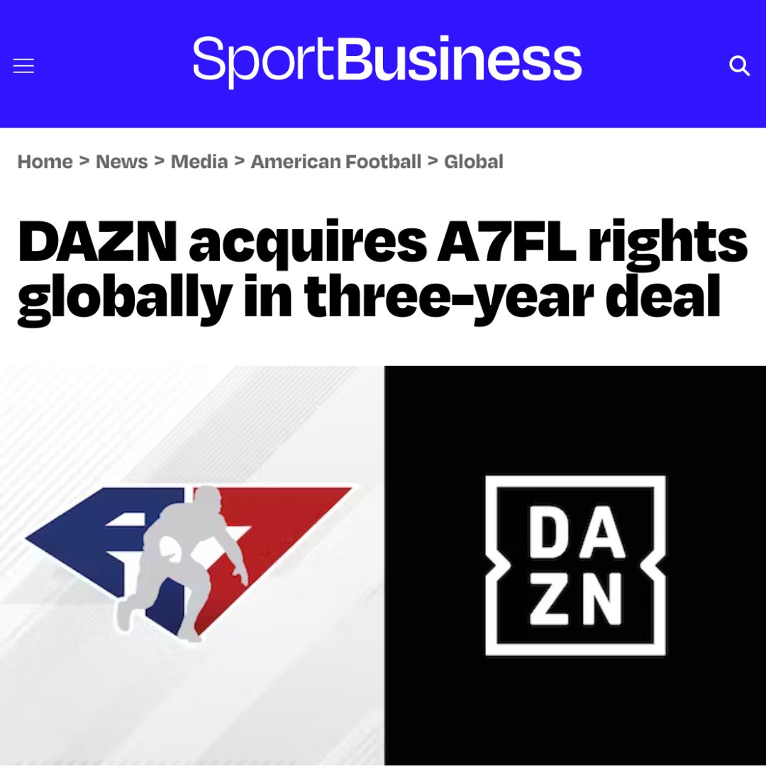 a7flnv's tweet photo. "Streaming platform DAZN will broadcast American 7s Football League (A7FL) to its global audiences after striking a three-year deal with the sports league."

Read the full article: https://t.co/DJQvAfp7HE https://t.co/8Dhb015ngG