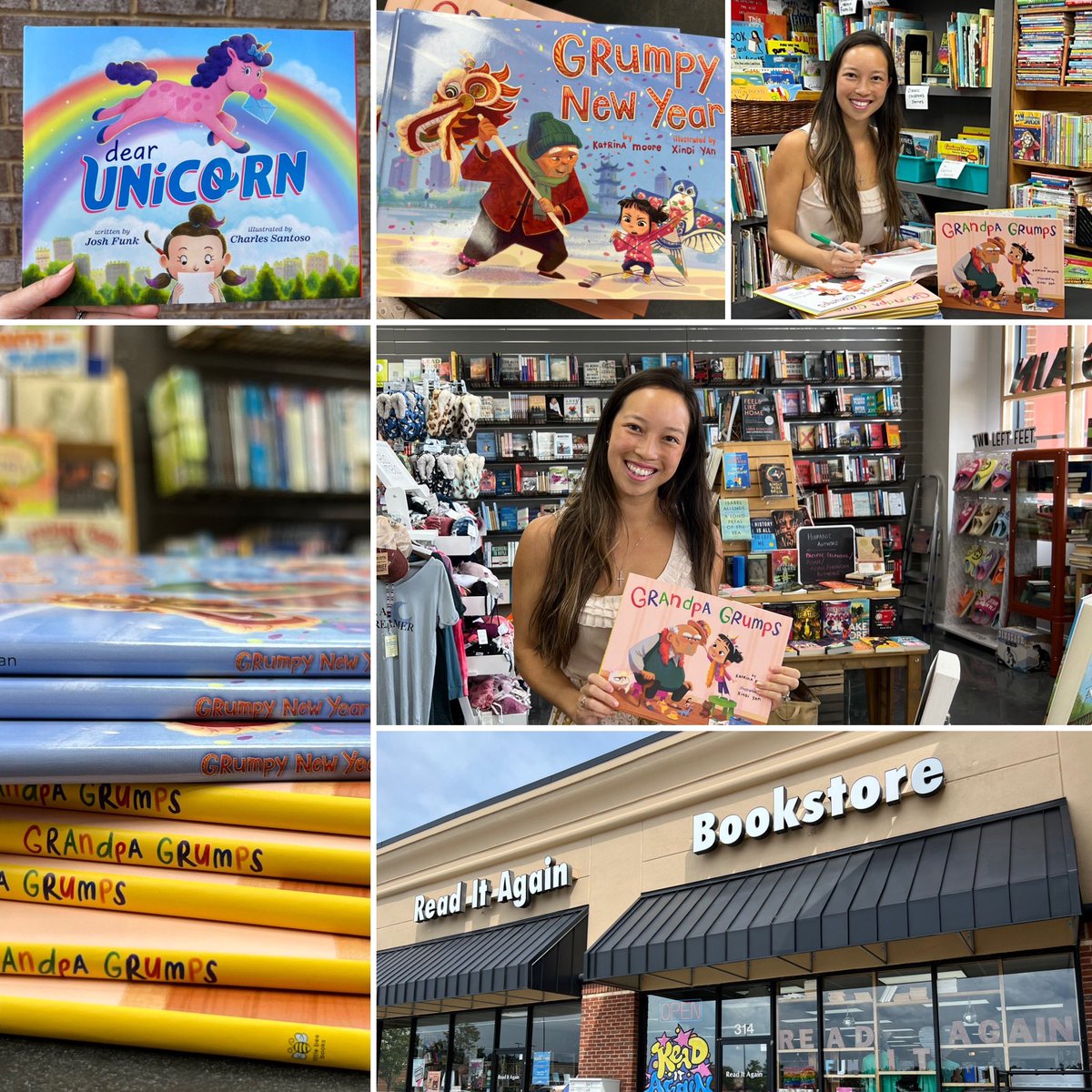 Delightful day! Visited @ReadItAgain to pick up my preorder of DEAR UNICORN @joshfunkbooks @minitreehouse @VikingChildrens (it’s so great!) 👧🏻🦄🌈🎨🎉 & also got to sign stock of GRANDPA GRUMPS & GRUMPY NEW YEAR & meet the wonderful staff!❤️📚✨ @xindiyanart @littlebeebooks 💕