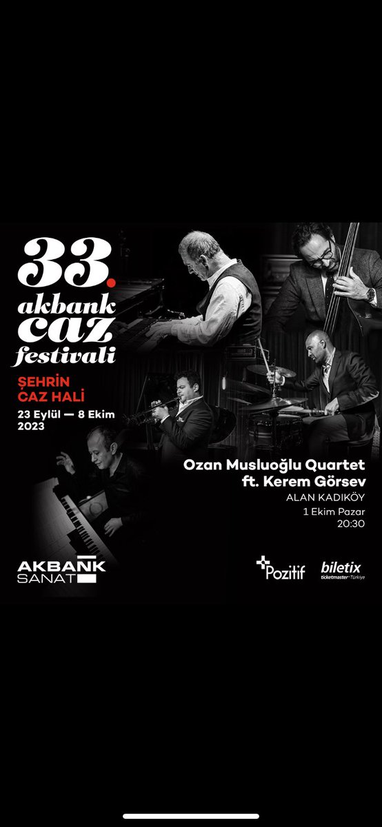 1 Ekim Akbank caz festivali @ozanmusluoglu Quartet 5-6 bestem ile konuk oluyorum.