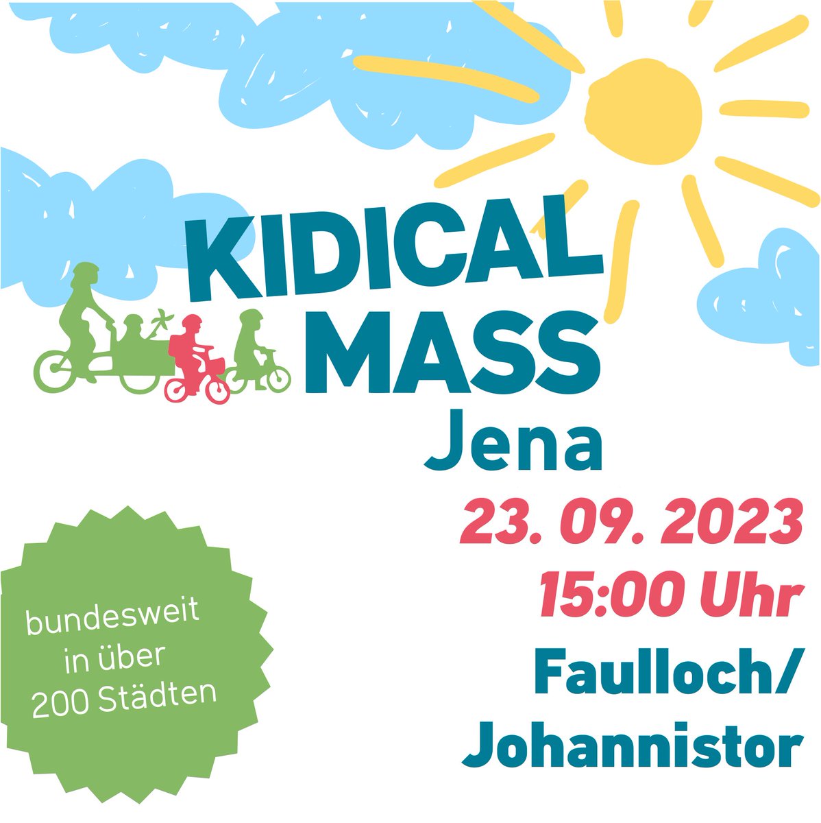Am 23. 09.23 startet um 15.00 Uhr die fünfte Auflage der Kidical Mass. Wir starten dieses Mal am Faulloch/Johannistor. Zentrales Anliegen ist eine kinderfreundliche Gestaltung der Verkehrswege, die die besonderen Belange von Kindern im Straßenverkehr berücksichtigt. <a href="/JenaerTweets/">Jenaer Tweets</a>