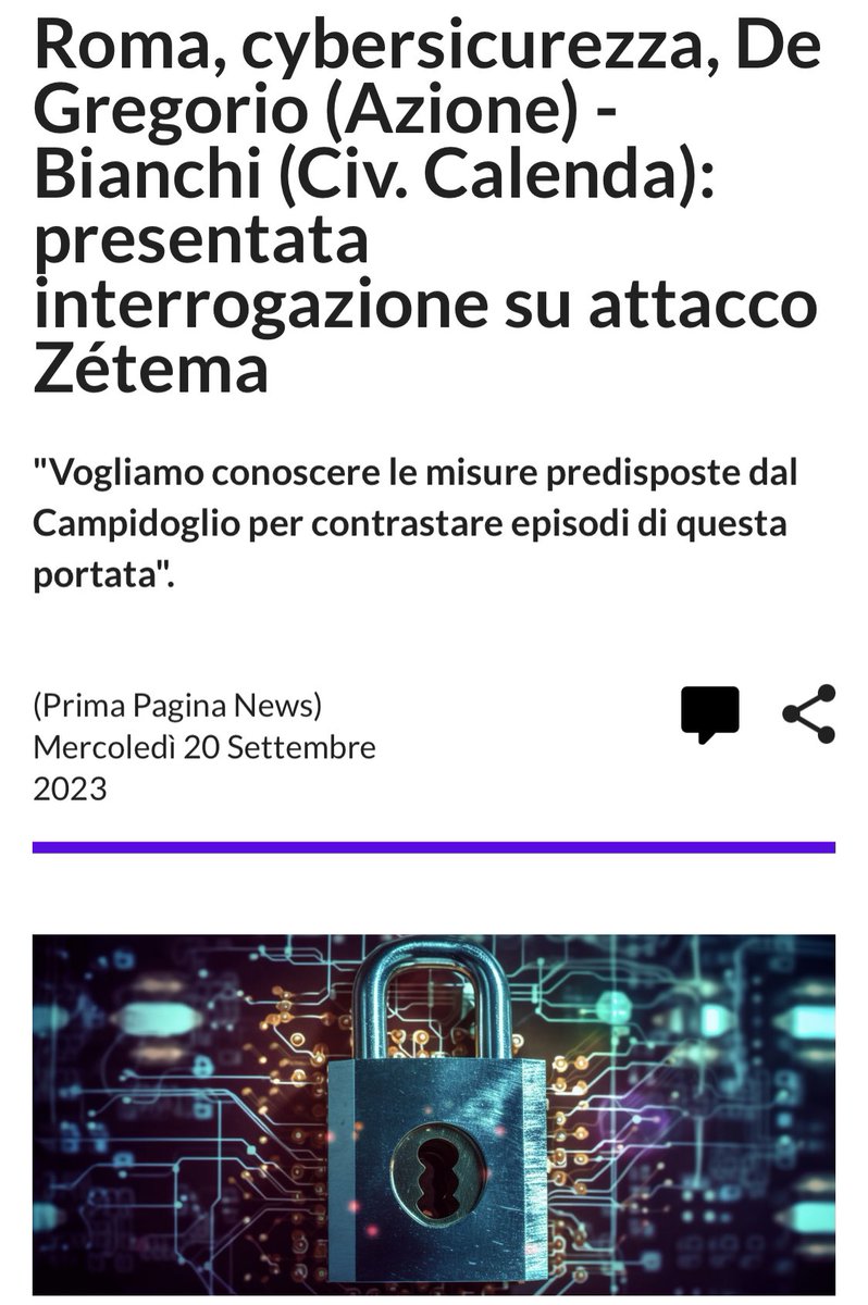 Oltre un anno fa avevamo chiesto una verifica urgente sullo stato di sicurezza di Roma Capitale. Oggi insieme a <a href="/FlaviaDegreg/">Flavia de Gregorio</a> abbiamo presentato una nuova interrogazione. Ora più che mai è essenziale elevare la sicurezza dei sistemi informativi a priorità assoluta. 

#Zetema