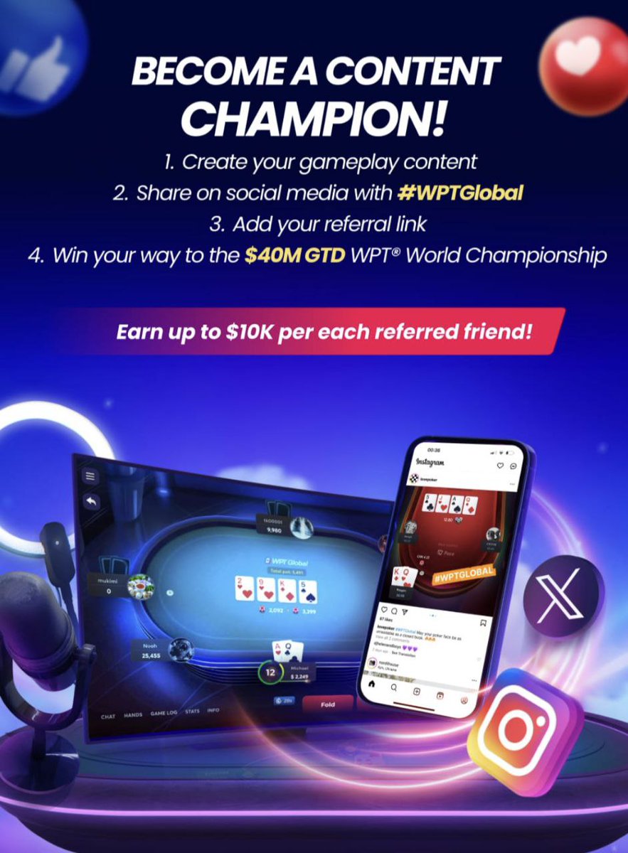 Are you going to be the first-ever <a href="/WPT/">World Poker Tour</a>_Global Content Champion?! 🏆🎉

Post your play or live stream and win prizes ranging from satellite tickets to $12.4k passports to play in the @WPT World Championship in Las Vegas this December ✈️

Details: wptglobal.com/calling-all-co…