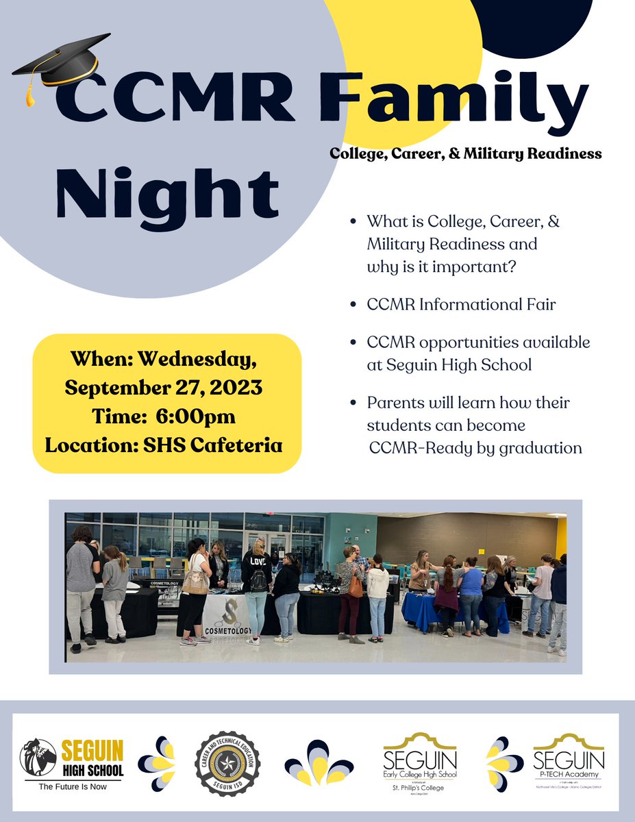 SeguinCTE's tweet photo. Join us next Wed at 6:00 for CCMR Family Night @SeguinHSTx to learn more about College, Career, & Military Readiness and why it is important. The CCMR team, teachers, and administrators will share information about how our programs prepare students for their next step. #CCMRReady https://t.co/kMvuGAyzql