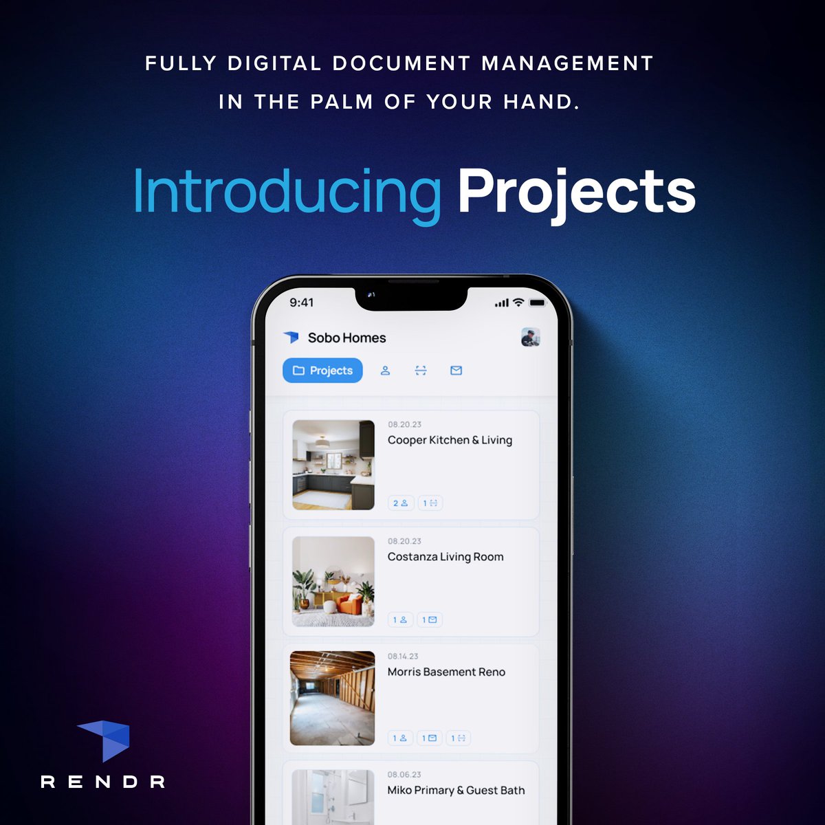 Keep all of your ongoing projects organized and easily accessible within RENDR. No more digging through all of your files to find the right project's measurements.