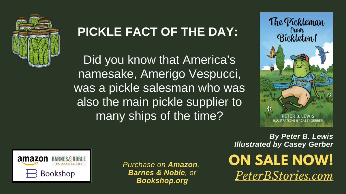 Did you know that America's namesake, Amerigo Vespucci, was a pickle salesman who was also the main pickle supplier to many ships of the time? It's true! 

And don't forget to check out my tongue-twisty, briny book, THE PICKLEMAN FROM BICKLETON!, on sale now! #kidlit #kidlitart