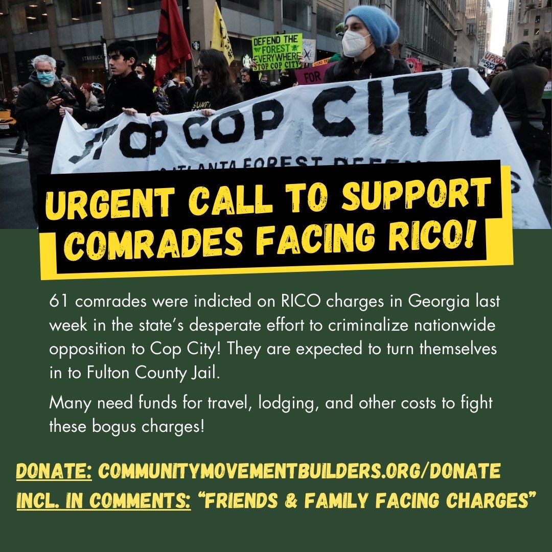 daretostruggle_'s tweet photo. π¨URGENT CALL TO SUPPORT
61 COMRADES FACING RICO!π¨
DONATE: https://t.co/LlCKyY0jdW
INCL. IN COMMENTS: "FRIENDS & FAMILY FACING CHARGES"
#StopCopCity
#FreeCopCityProtesters https://t.co/q4RA7TAQ2v