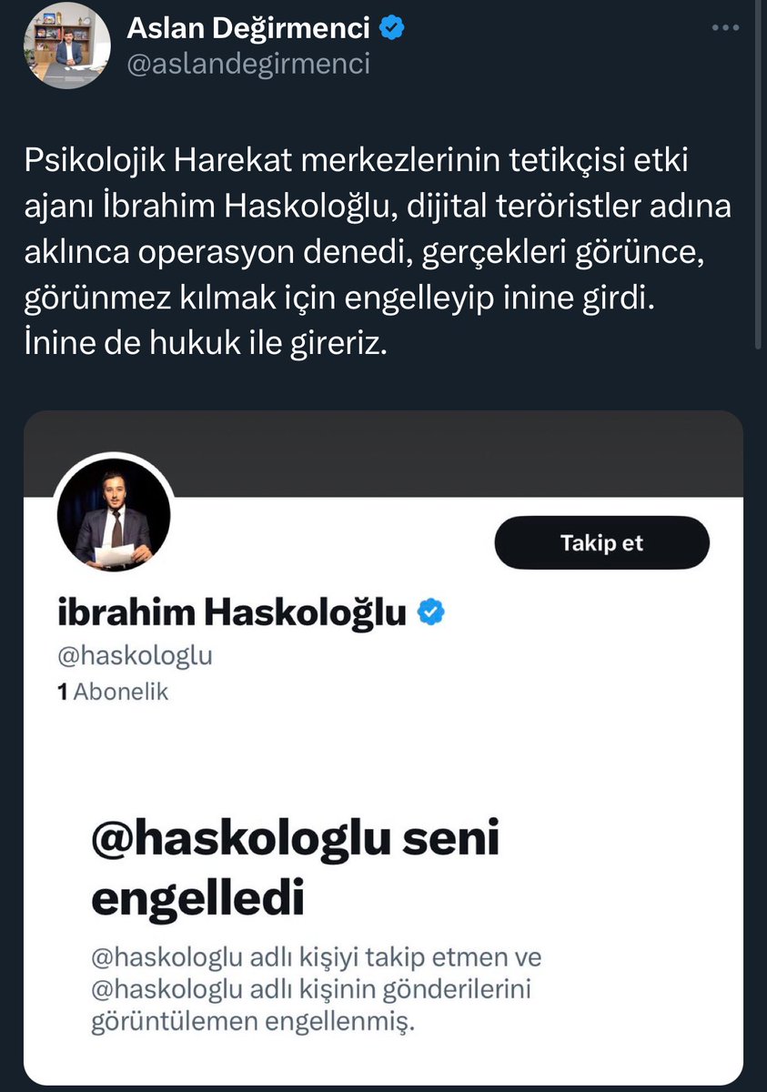 haskologlu's tweet photo. Devletin gücü kimlerin elinde bakın görün

Fetullah Gülen isimli teröriste, hoca dediğini ifşa ettiğim şahıs beni devletin gücüyle tehdit ediyor

Bunu yapan kişi İletişim Başkanlığı Medya koordinatörü

Bana senin bir büyüğün geldi. Ben ne senden ne senin gibilerden korktum. Defol https://t.co/CCBZKFE2gm