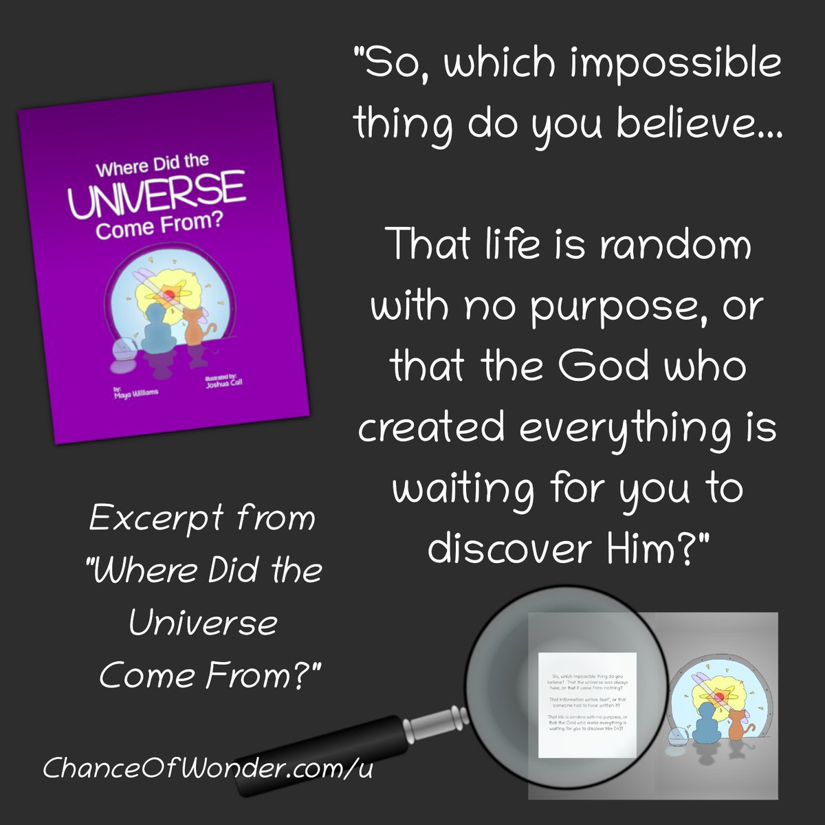Excerpt from 'Where Did the Universe Come From?' 
ChanceOfWonder.com/u or find it on Amazon!

#ChristianKidsBooks #ApologeticsForKids #ChristianLiterature  #FaithfulReads #InspiringYouth #DefendingTheFaith #ChristianMinds  #ApologistKids #FaithfulYoungMinds