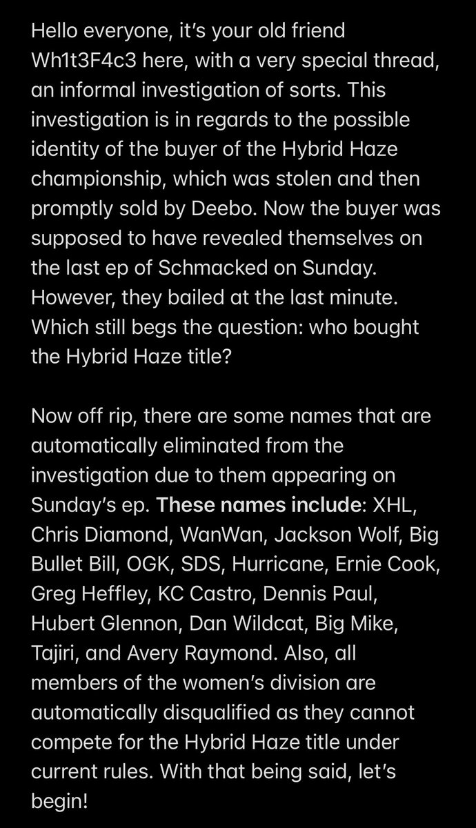 WHITEMXSK2K's tweet photo. Detective WF presents: an informal investigation as to who could possibly be the anonymous buyer of the @SchmackedXHL Hybrid Haze title.🕵🏽‍♂️ 🔎🧐

(Note: this is purely an educated guess on my part and is in no way meant to seriously slander anyone mentioned in this thread.) https://t.co/6CYwzmKNQF