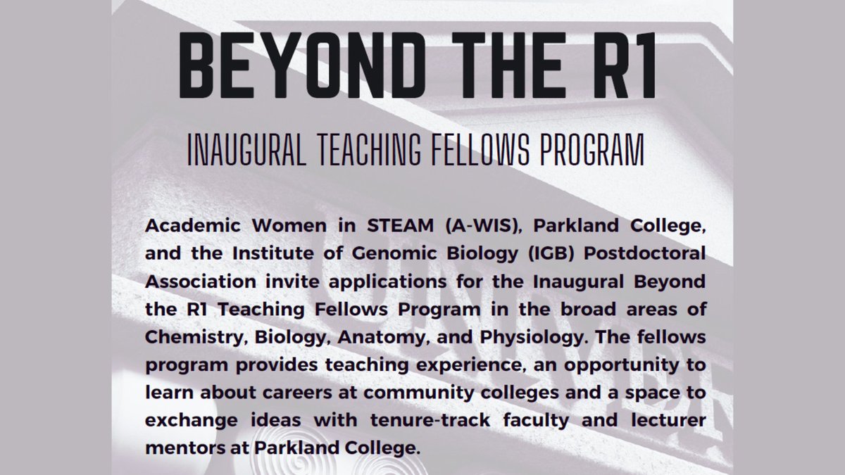 Applications are open for the Inaugural Beyond the R1 Teaching Fellows Program.  Gain teaching experience, learn about careers at community colleges, and receive mentorship from experienced educators.
Find out more and apply by 6 p.m. September 29: go.illinois.edu/BeyondtheR1