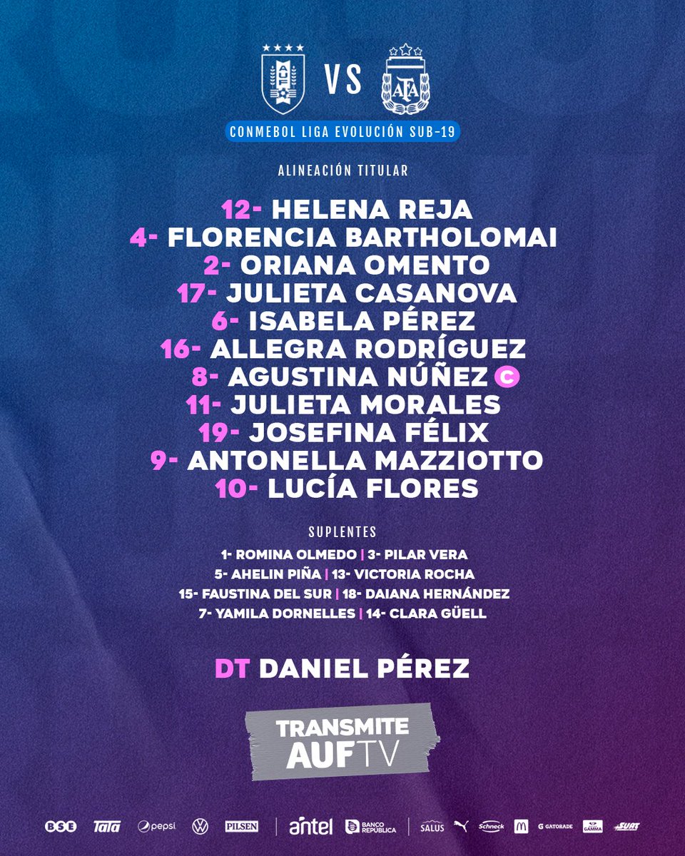 📋  𝐋𝐚𝐬 𝐞𝐥𝐞𝐠𝐢𝐝𝐚𝐬 por Daniel Pérez para recibir a <a href="/Argentina/">🇦🇷 Selección Argentina ⭐⭐⭐</a>, a las 20.00 h, en el Estadio Suppici. 

📌 <a href="/CONMEBOL/">CONMEBOL.com</a> Liga Evolución Sub-19 Femenina 

🖥️📲 ¡Registrate gratis y seguilo en VIVO por AUF.TV!