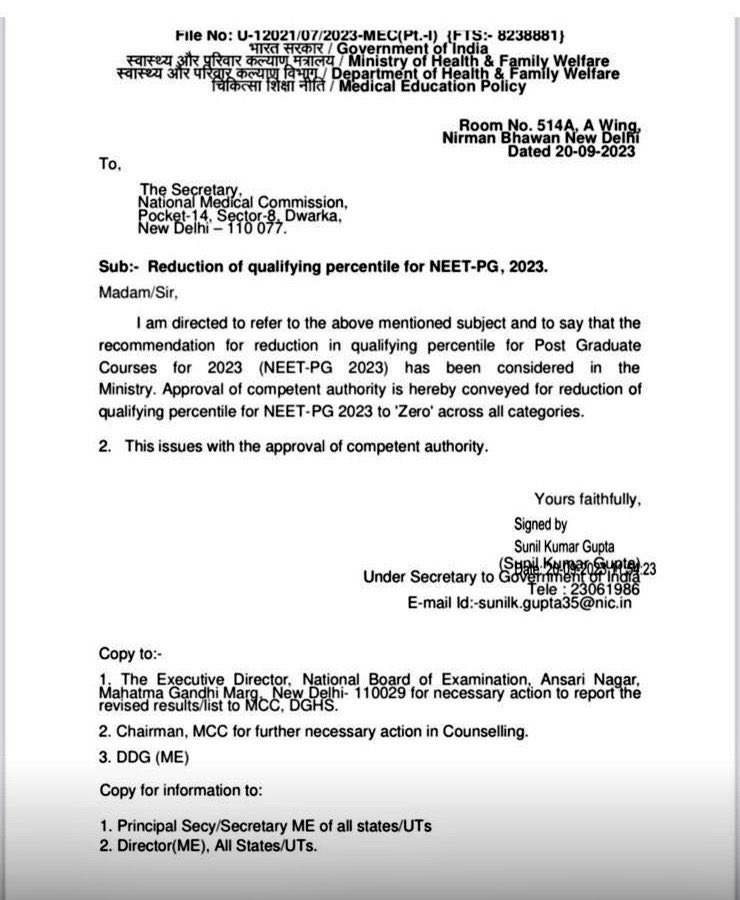 DarshanTimings's tweet photo. Qualifying percentile for PG Courses (Medical/ Dental) for #NEET PG Counselling 2023 has been reduced to '#ZERO' across all categories by MoHFW,"
YES Z E R O.
#NEETzero #NeetCircus #NEETPG
#WomenReservationBill2023 https://t.co/uvpVomJWMP