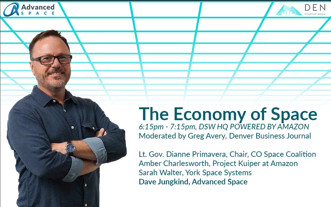 AdvancedSpace's tweet photo. Will you be at #DenverStartupWeek? We will! Stop by the DSW HQ  (1611 Arapahoe St.) tonight (Sept 20) at 6:00 pm for The Economy of Space panel to discuss the booming #COaerospace industry. See you there! #innovation2orbit #SpaceEconomy https://t.co/EOKmv76L6x
