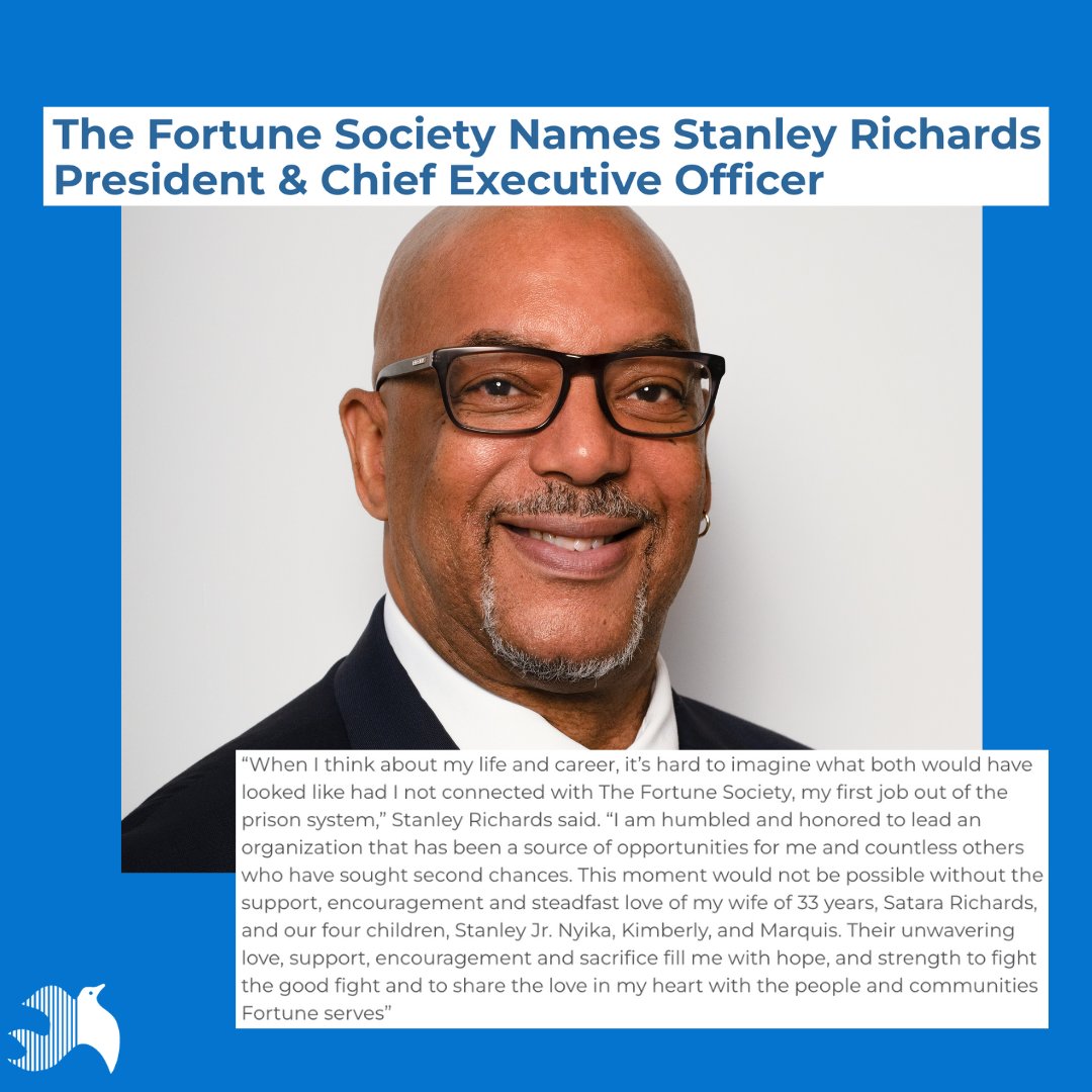 Former Deputy CEO Stanley Richards will succeed JoAnne Page as President & CEO of The Fortune Society. “My journey and this moment in Fortune’s history was made possible because people believe that second chances and redemption.” Read the press release now:fortunesociety.org/media_center/t…