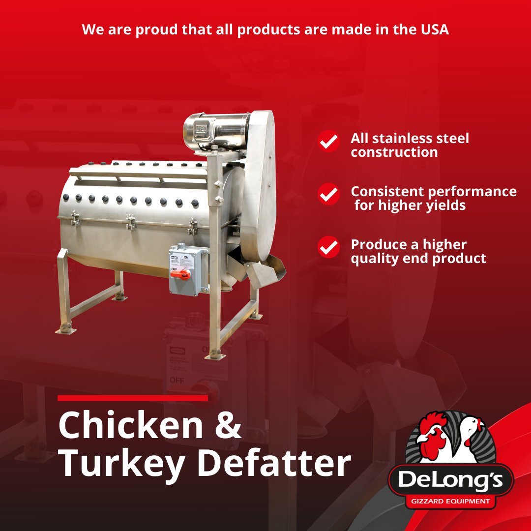 Have you seen our defatter? 🐔

DeLong’s defatters are designed to remove fat from the gizzard prior to lining removal to produce a higher quality end product. 

Learn more: bit.ly/3rrmpgj
#poultryequipment