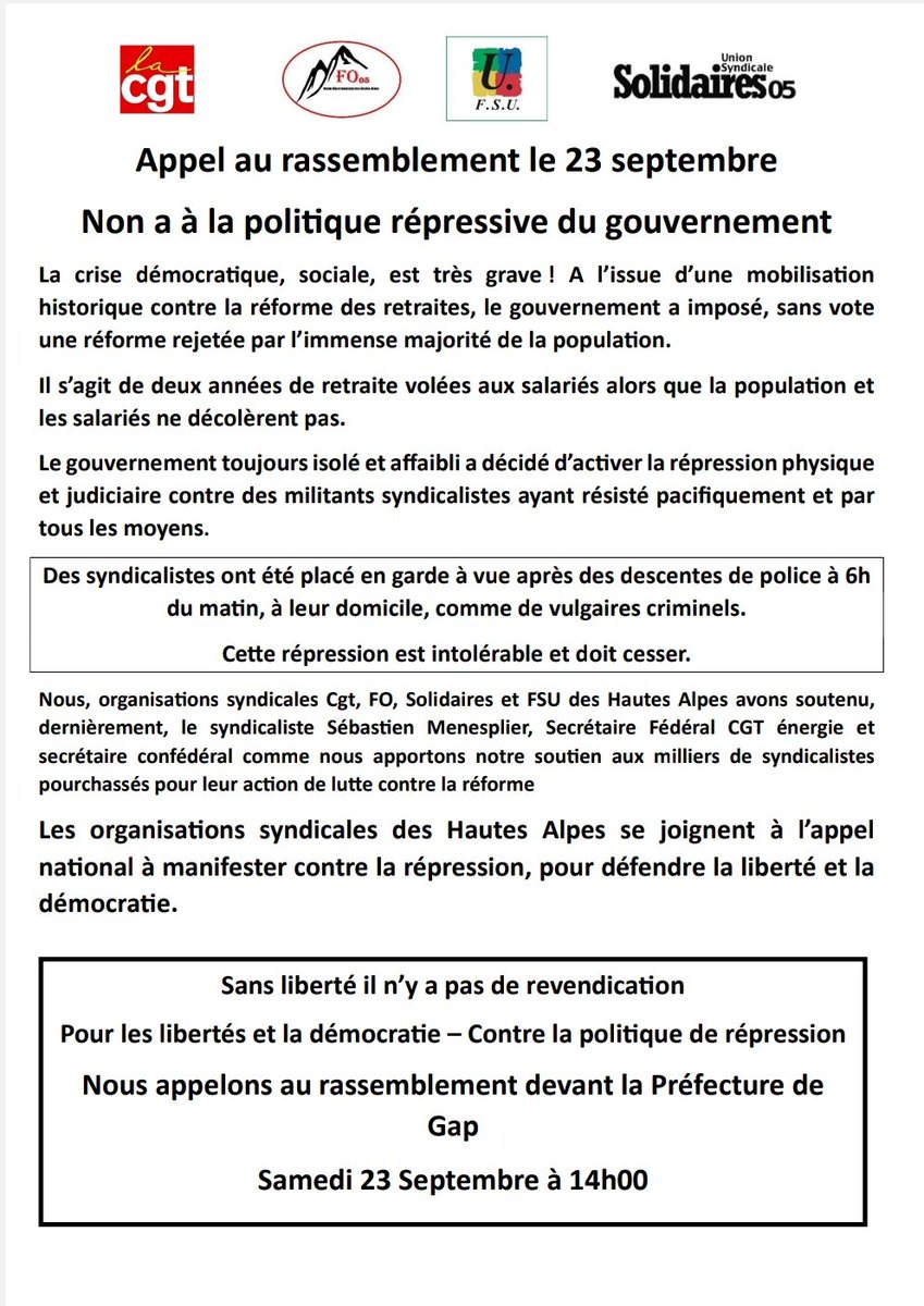 Contre la répression syndicale. Pour la démocratie et les libertés !!!