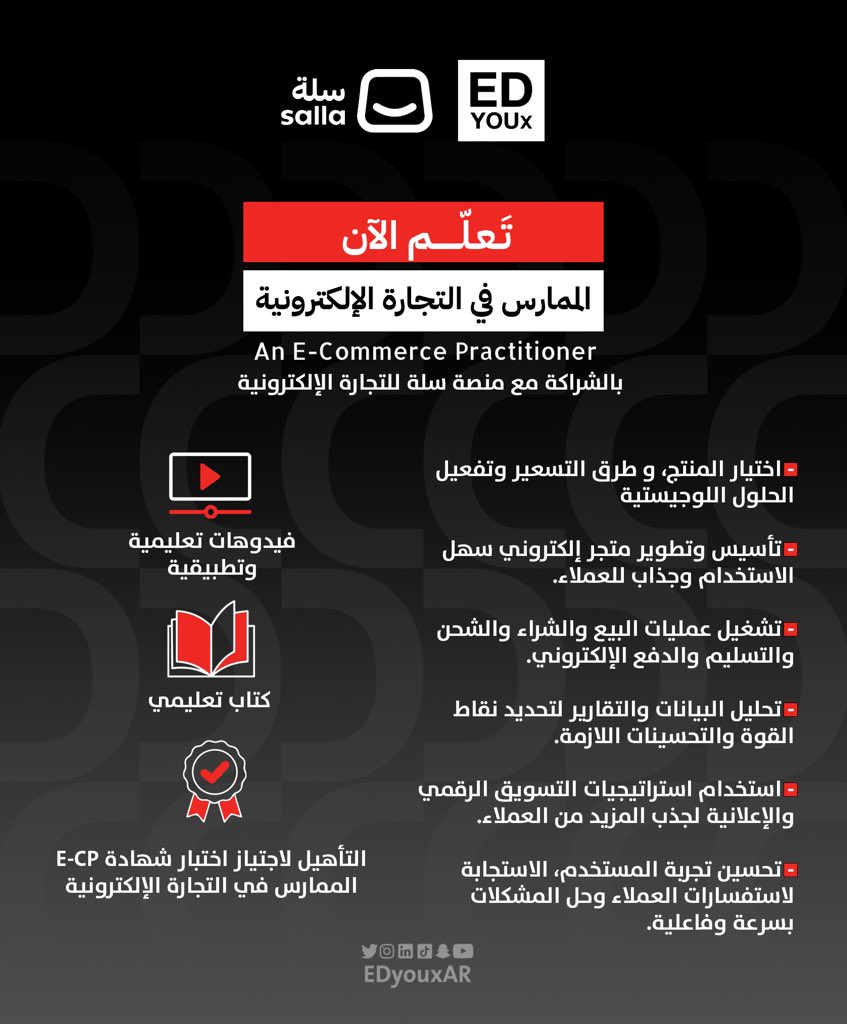 نحلم نحقق و الوطن يدعم الشعب..
و الشعب لأجلك ياوطن يبذل جهود.💚

بمناسبة #اليوم_الوطني_السعودي_93 
 تقدم EDyoux خصم 68%, على دورة ممارس في التجارة الالكترونية 
من خلال كود ( KSA93X ), 

تعلم الآن و #خلك_أفضل 💚
edyoux.com

#شواهد_العز | #نحلم_ونحقق  
#EDyoux |