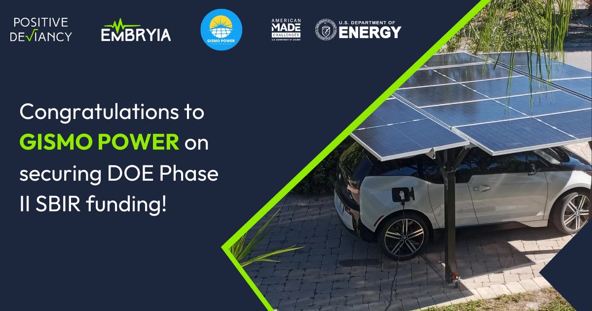 Celebrating Gismo Power's journey from Solar Prize R5 to DOE Phase II SBIR funding for the MEGA project—a portable solar generator and EV charger.

Positive Deviancy has been their biggest fan since the Solar Prize R5 Competition!
.
.
#solarprize #innovation