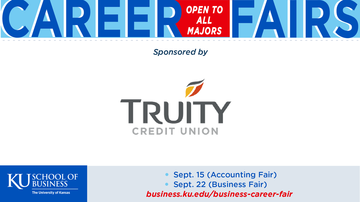 The  KU School of Business would like to give a BIG THANKS to our gold sponsor, Truity Credit Union! As you plan and prepare for the upcoming 2023 career fairs, plan on visiting their booth and check out their opportunities @https://bit.ly/3sDBqMi #careerstruitycu