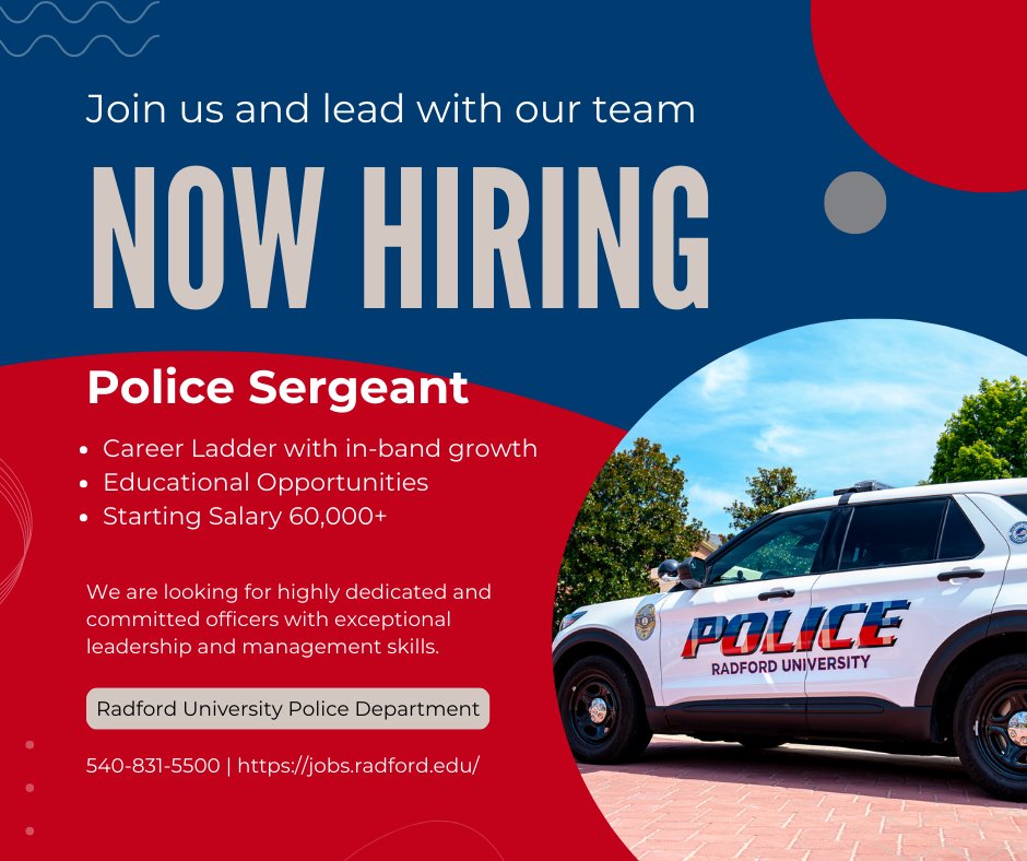 RadfordUPolice's tweet photo. You have earned your badge, now earn your stripes with the Radford University Police Department. We are an innovative police agency vested in the partnership policing philosophy. #PartnershipPolicing #Leadership #LeadingTheWay #Integrity https://t.co/UiX8LEZssJ