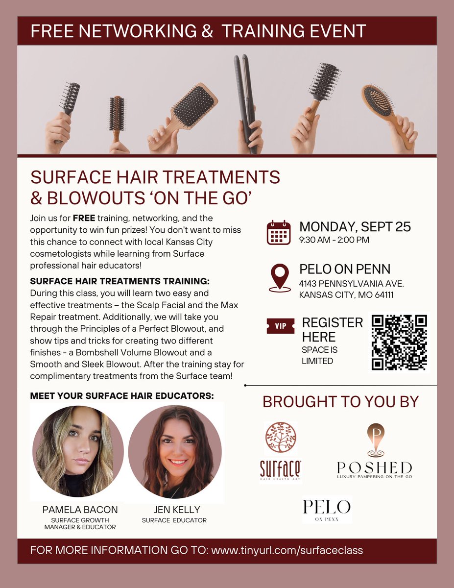 Join us on Sept 25th for FREE training &amp; networking with Kansas City's cosmetologists. Learn Scalp Facials, Max Repair treatments, and the art of a Perfect Blowout. Elevate your skills and connect with pros! 

Register now: eventcreate.com/e/surfaceclass… #BeautyTraining #KansasCity