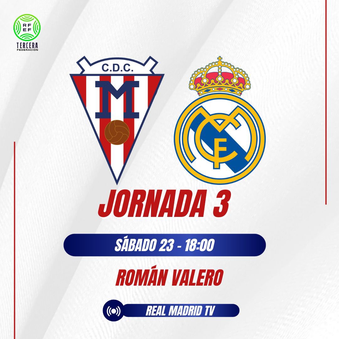 ¡JORNADA 3️⃣! 

Este fin de semana buscaremos hacernos con los tres primeros puntos en liga. Pero para ello, necesitamos toda la grada llena de rojiblancos. 

⚔️ <a href="/realmadrid/">Real Madrid C.F.</a> 
🏟️ Estadio Román Valero
📆 Sábado 23 
⏱️ 18:00 

¡VENID TODOS A LUCHAR CON NOSOTROS! 😂🙌🏻

#dobleonada