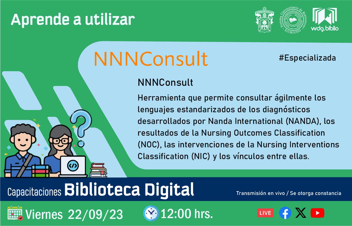 wdg_biblio's tweet photo. Te invitamos a participar en la capacitación de la herramienta NNN Consult. No se requiere de inscripción previa. 
 
 Se otorgará constancia de participación.
 📆Viernes 22/09/2023
 ⏰12:00 horas
 🔴Transmisión EN VIVO vía Facebook, Twitter y Youtube. https://t.co/9cc6cgeIDR