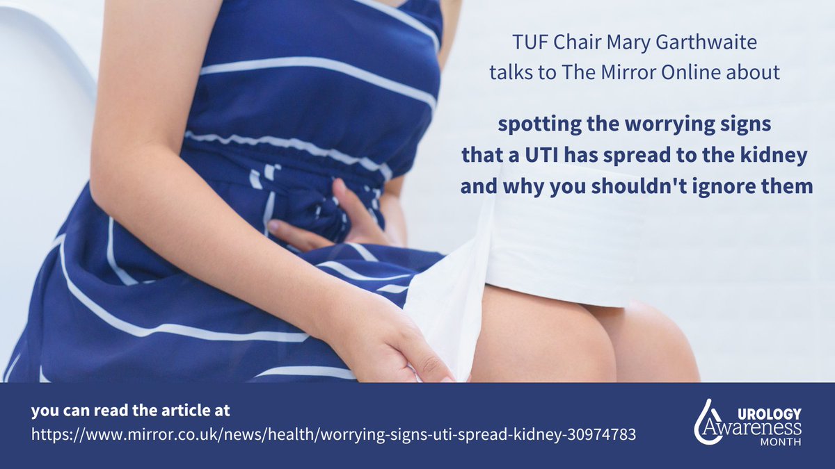 TUF Chair Mary Garthwaite talks to The Mirror Online about spotting the worrying signs that a UTI has spread to the kidney and why you shouldn't ignore them - you can read the full article at ow.ly/AktH50PNVvR #UTI #kidney #knowthesymptoms #UAM23 #TUF #urology