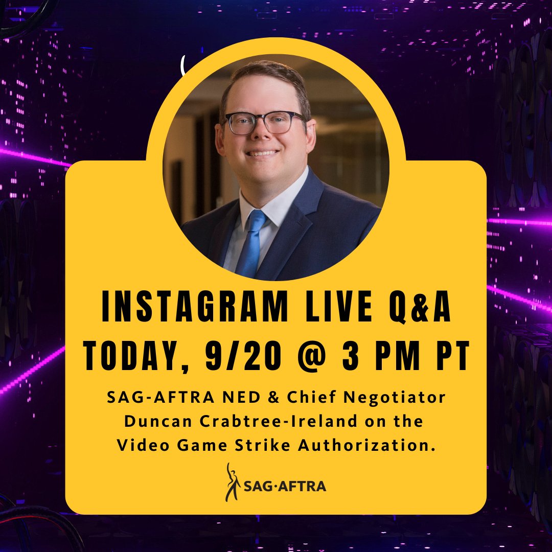 🔴🎮LIVE ALERT: TODAY, 9/20 at 3 PM PT. SAG-AFTRA NED & Chief Negotiator Duncan Crabtree-Ireland will discuss the Video Game strike authorization and answer YOUR questions! Tune in on our Instagram and get all the deets for this mission. 🚀 #LevelUpMyContract #SagAftraStrong