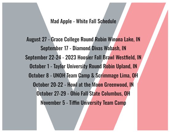 Mad Apple White/Hammel 16u 2023 Fall tournament schedule! Im so excited to play with this talented group this year!