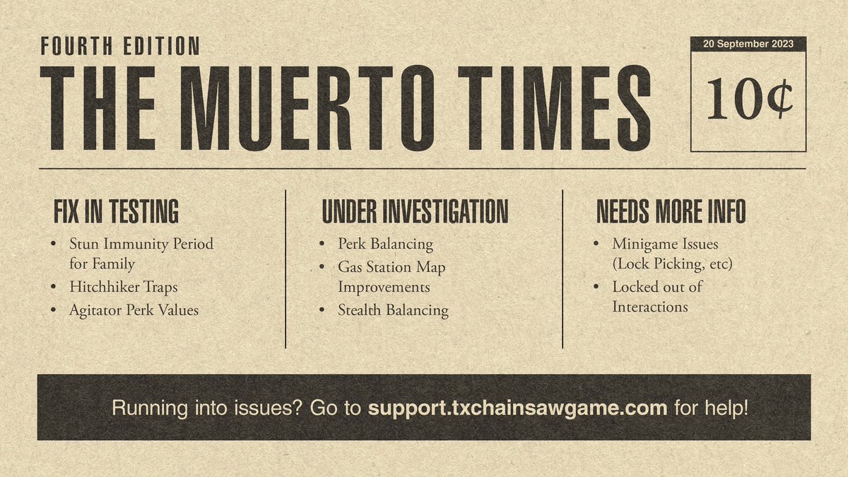 TCM_Game_'s tweet photo. The Texas Chainsaw Massacre Game

Fourth Edition of The Muerto Times 📰

Building a community 17/100 🙏
Follow for more content &amp; updates🩸

#tcmgame #tcm #txchainsawgame #texaschainsawmassacre #txchainsawgameplay #texaschainsaw #texaschainsawgame #texaschainsawmassacregame https://t.co/Z38mcLjKwJ