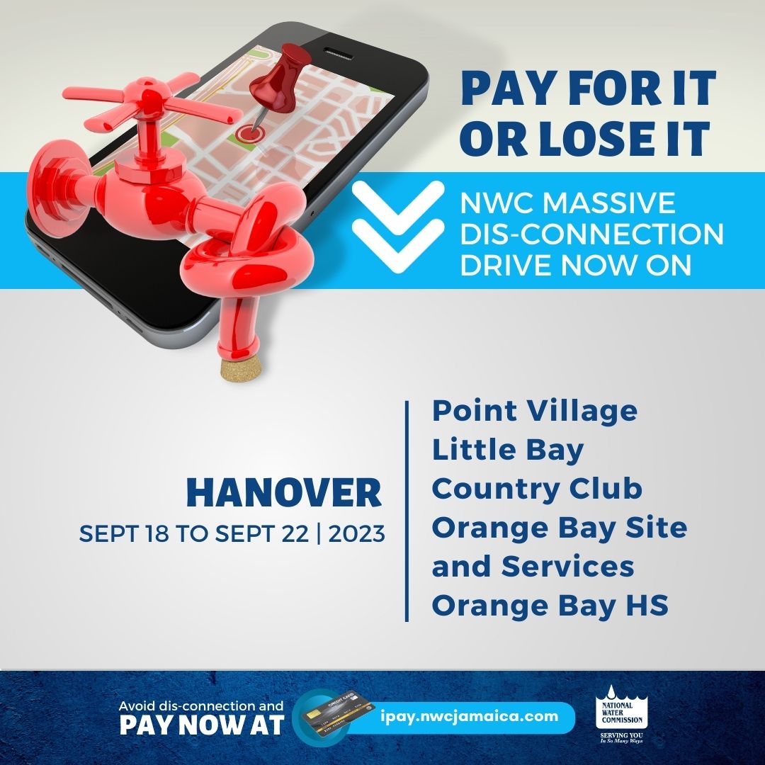 NWCjam's tweet image. NWC's dis-connection drive continues Sept. 18 - 22, 2023 for delinquent customers islandwide.

The NWC will be going to targeted communities to dis-connect for outstanding payments, so make arrangements to pay now! We would much rather collect than disconnect. #PayYourPart